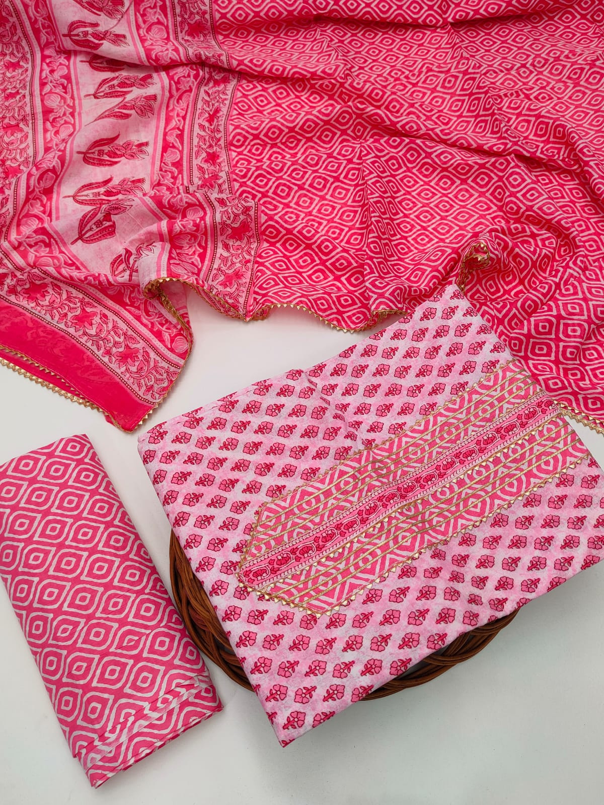 Tie Work Hand Block Suit Set with Cotton Dupatta