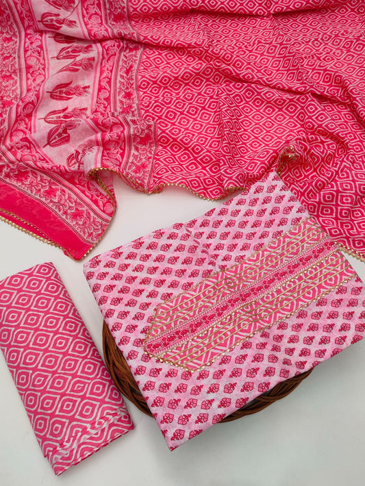 Tie Work Hand Block Suit Set with Cotton Dupatta