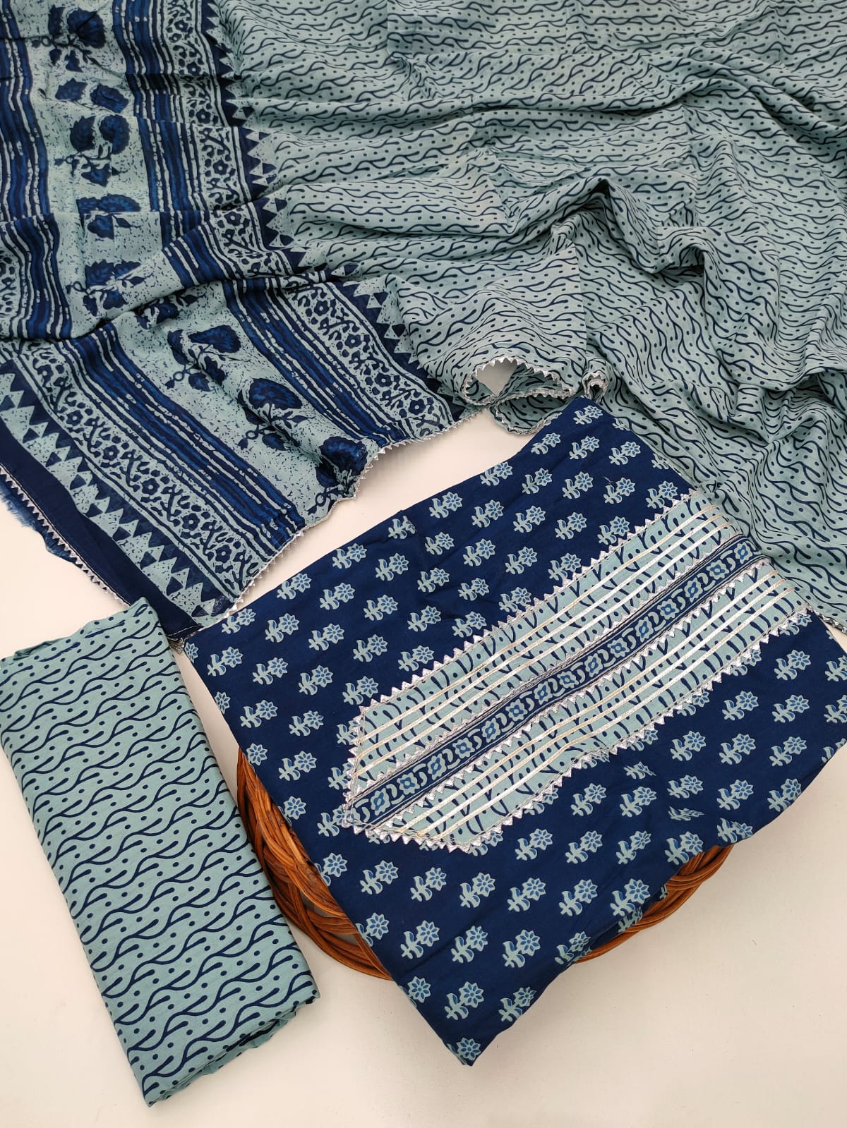Tie Work Hand Block Suit Set with Cotton Dupatta