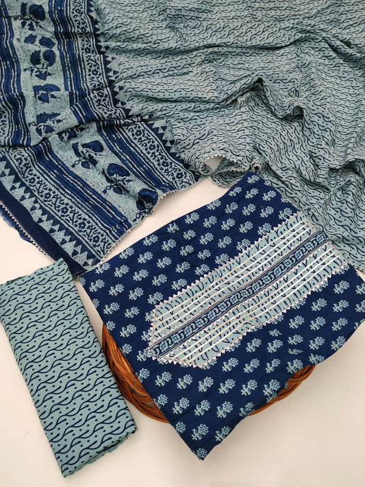 Tie Work Hand Block Suit Set with Cotton Dupatta