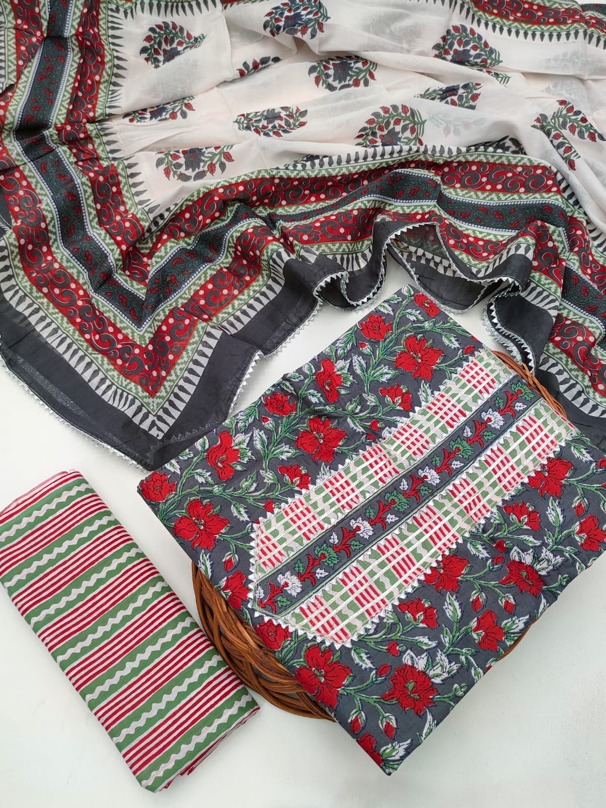 Tie Work Hand Block Suit Set with Cotton Dupatta