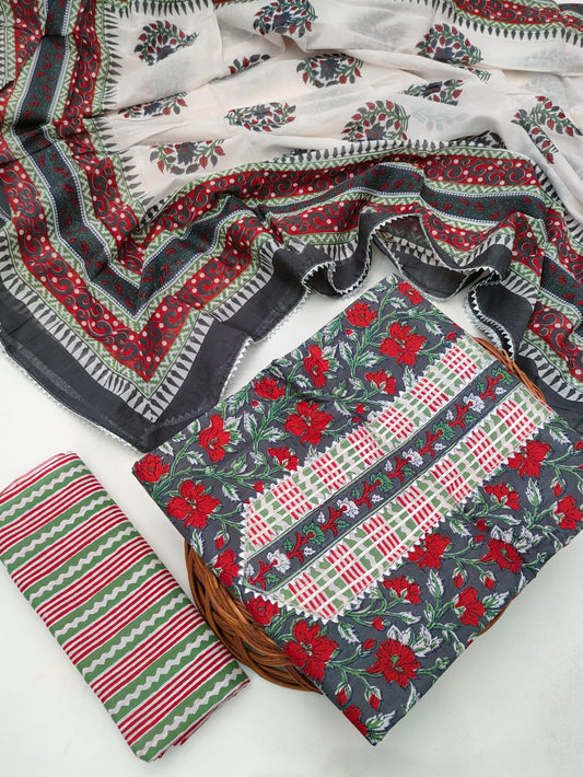 Tie Work Hand Block Suit Set with Cotton Dupatta