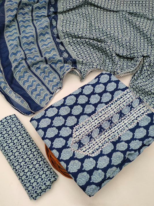 Tie Work Hand Block Suit Set with Cotton Dupatta