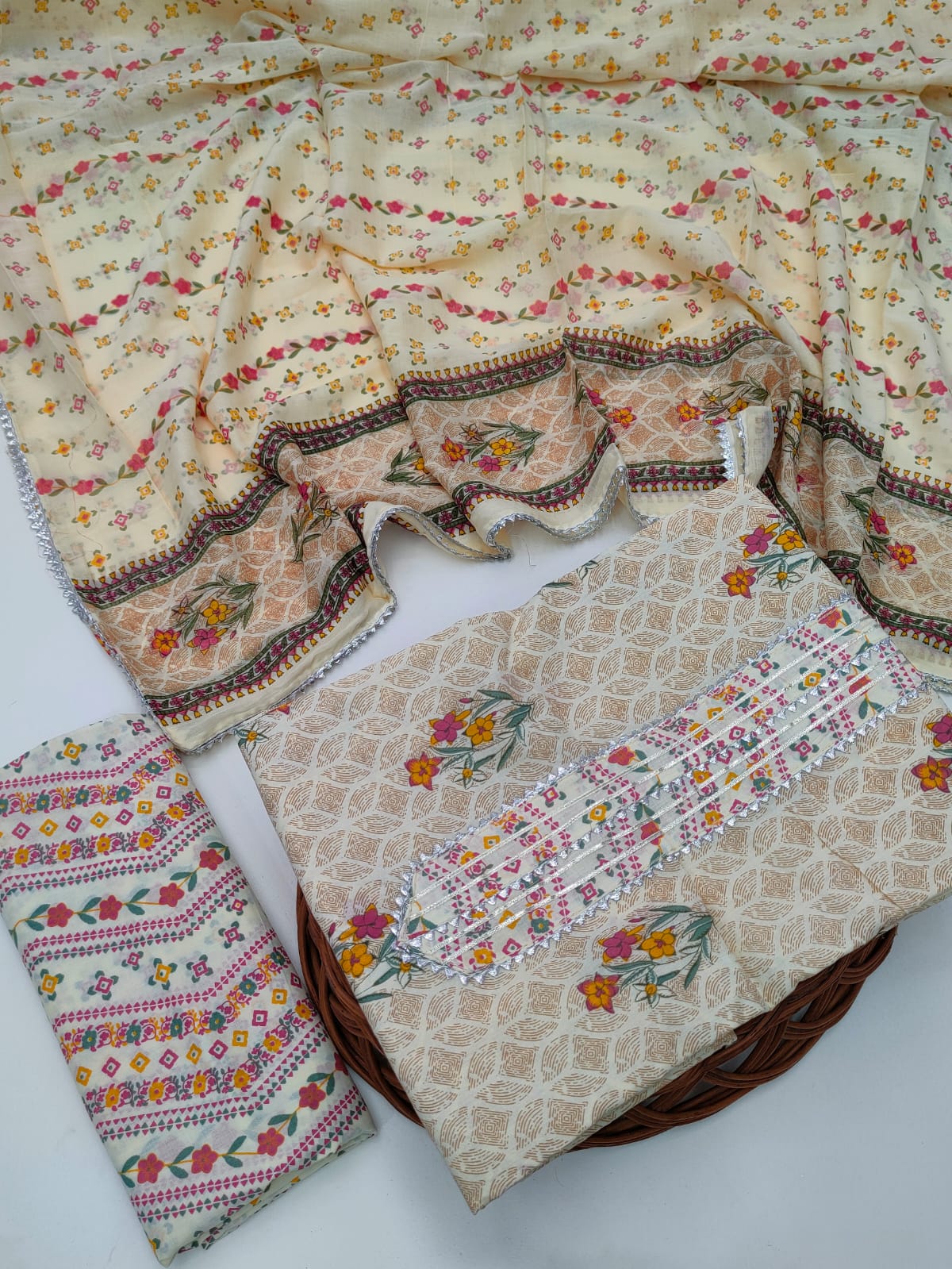 Tie Work Hand Block Suit Set with Cotton Dupatta
