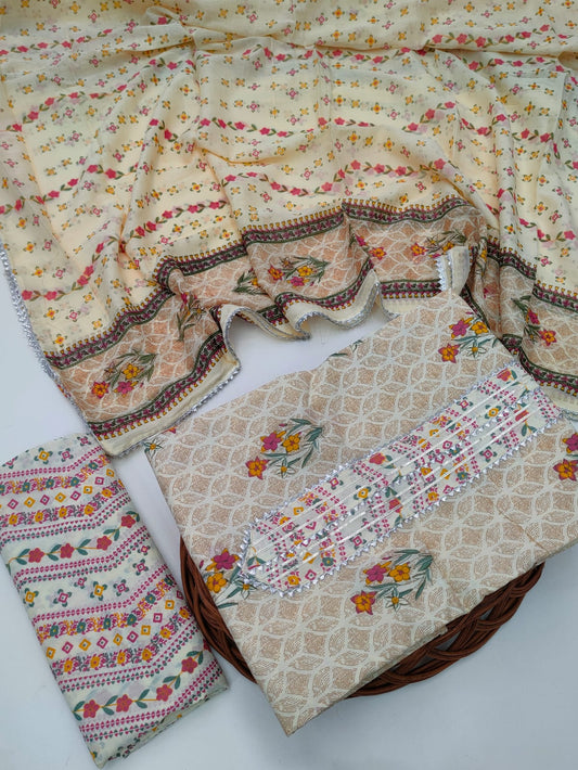Tie Work Hand Block Suit Set with Cotton Dupatta