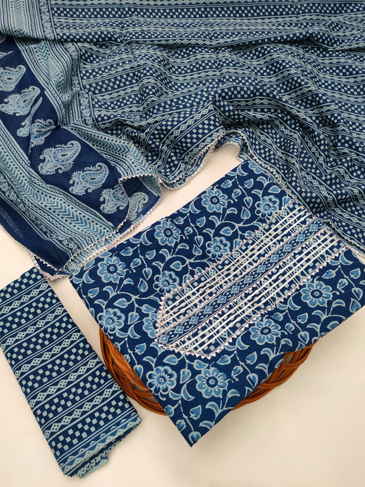 Tie Work Hand Block Suit Set with Cotton Dupatta