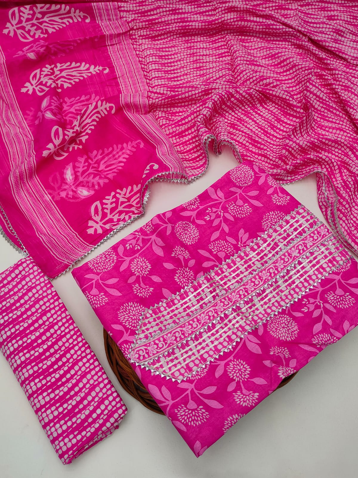Tie Work Hand Block Suit Set with Cotton Dupatta