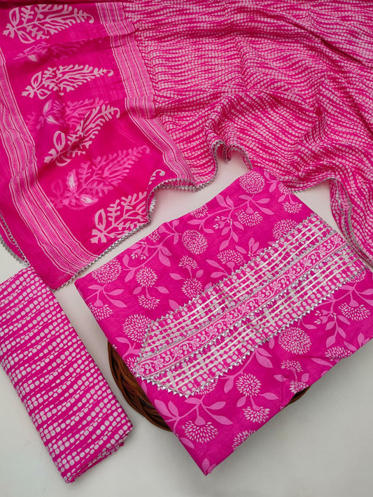 Tie Work Hand Block Suit Set with Cotton Dupatta