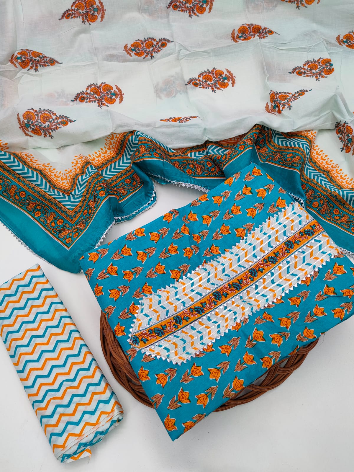 Tie Work Hand Block Suit Set with Cotton Dupatta