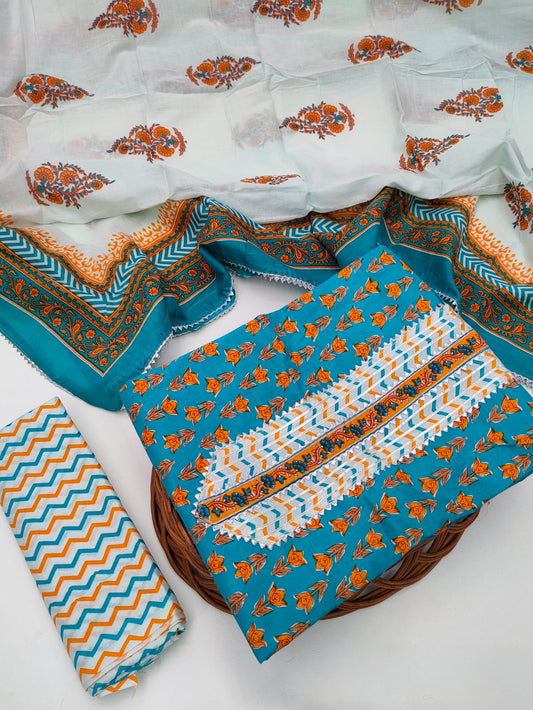 Tie Work Hand Block Suit Set with Cotton Dupatta