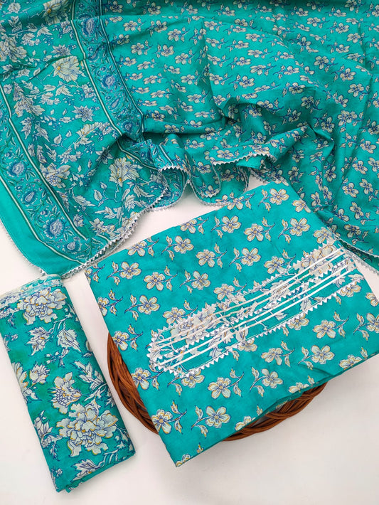 Tie Work Hand Block Suit Set with Cotton Dupatta