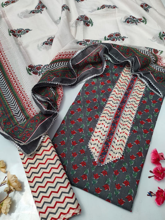 Tie Work Suit Set with Cotton Dupatta - TSPSMTWVJ10