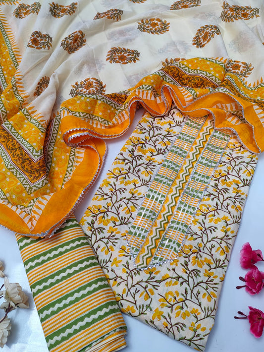 Tie Work Suit Set with Cotton Dupatta - TSPSMTWVJ13