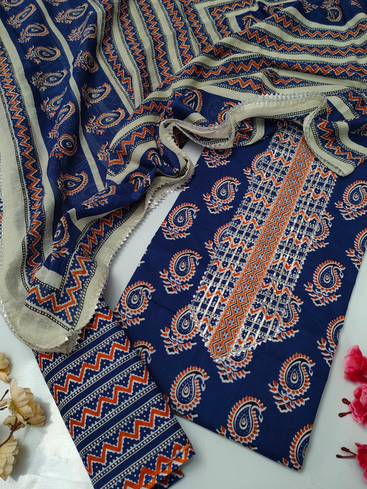 Tie Work Suit Set with Cotton Dupatta - TSPSMTWVJ18