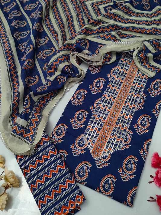 Tie Work Suit Set with Cotton Dupatta - TSPSMTWVJ18