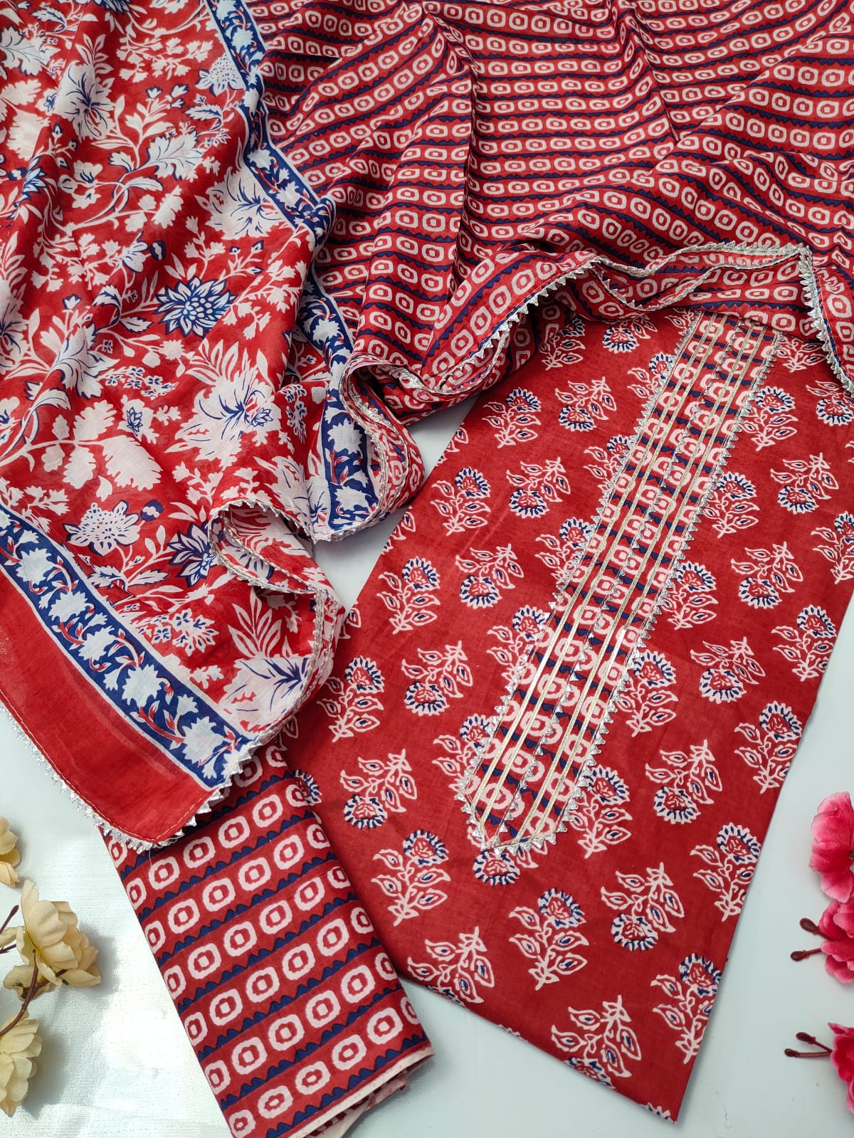 Tie Work Suit Set with Cotton Dupatta - TSPSMTWVJ21