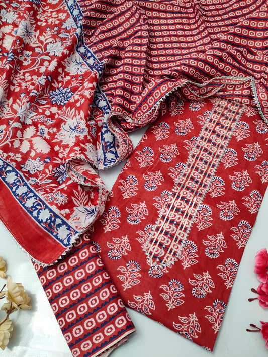 Tie Work Suit Set with Cotton Dupatta - TSPSMTWVJ21
