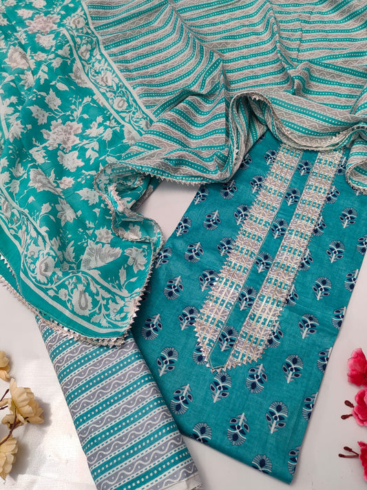 Tie Work Suit Set with Cotton Dupatta - TSPSMTWVJ24