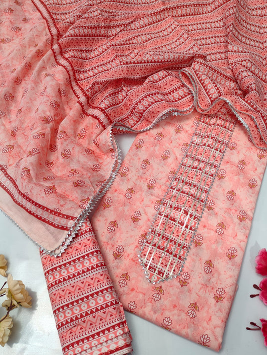 Tie Work Suit Set with Cotton Dupatta - TSPSMTWVJ26