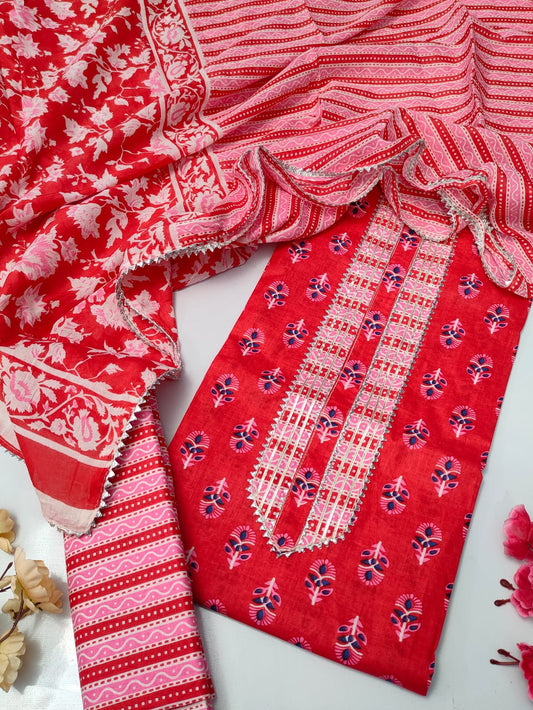 Tie Work Suit Set with Cotton Dupatta - TSPSMTWVJ28