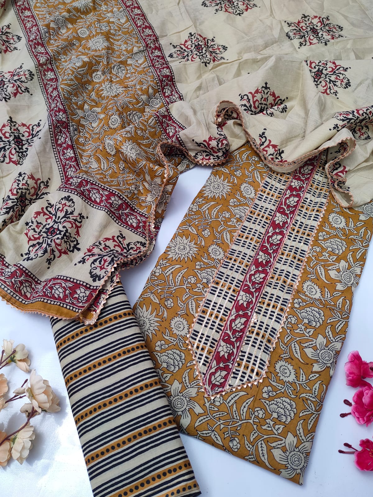 Tie Work Suit Set with Cotton Dupatta - TSPSMTWVJ2