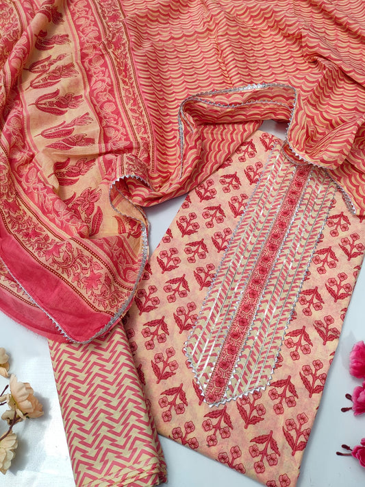 Tie Work Suit Set with Cotton Dupatta - TSPSMTWVJ36