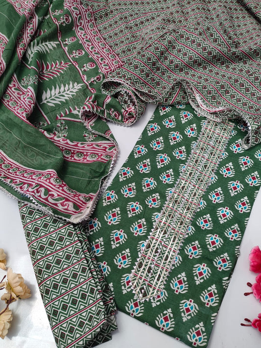 Tie Work Suit Set with Cotton Dupatta - TSPSMTWVJ38