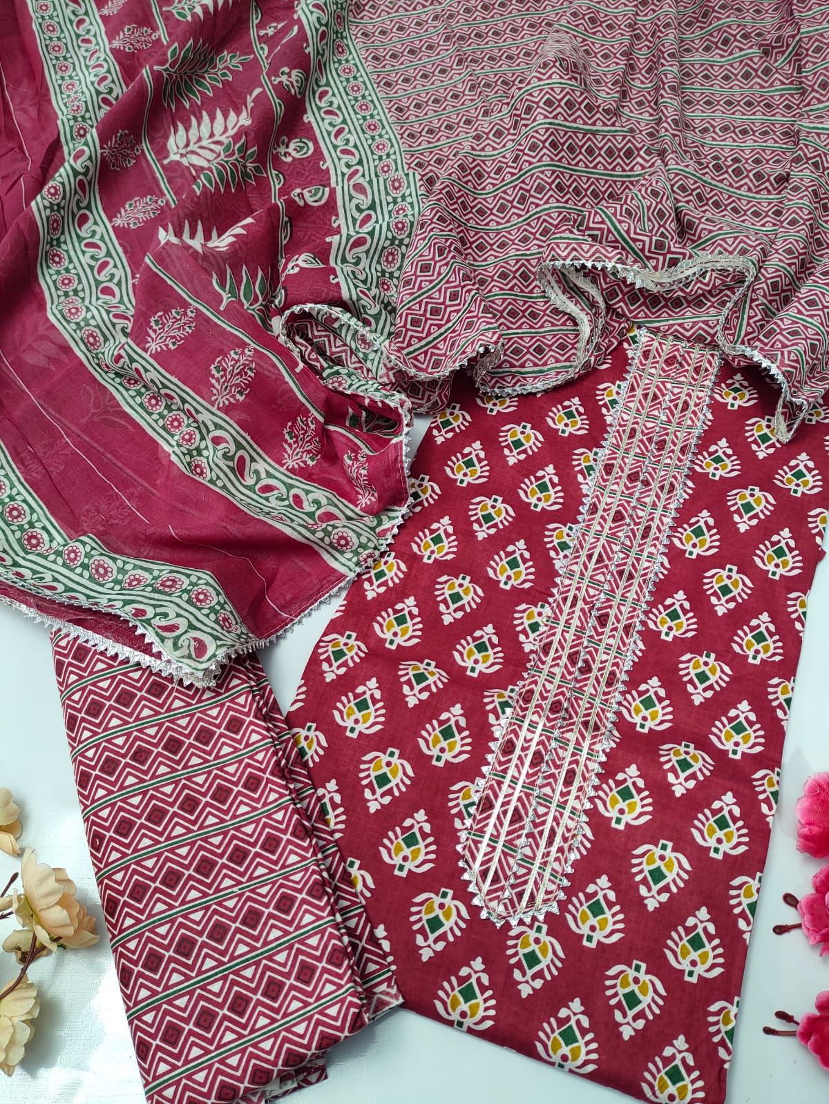 Tie Work Suit Set with Cotton Dupatta - TSPSMTWVJ39