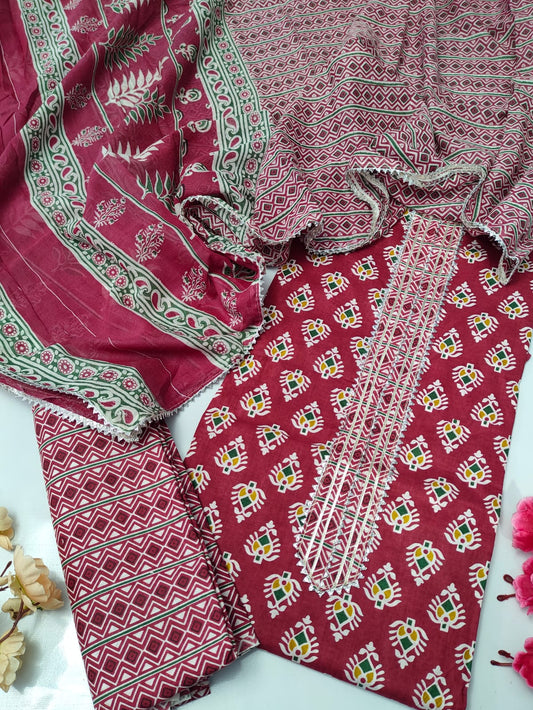 Tie Work Suit Set with Cotton Dupatta - TSPSMTWVJ39
