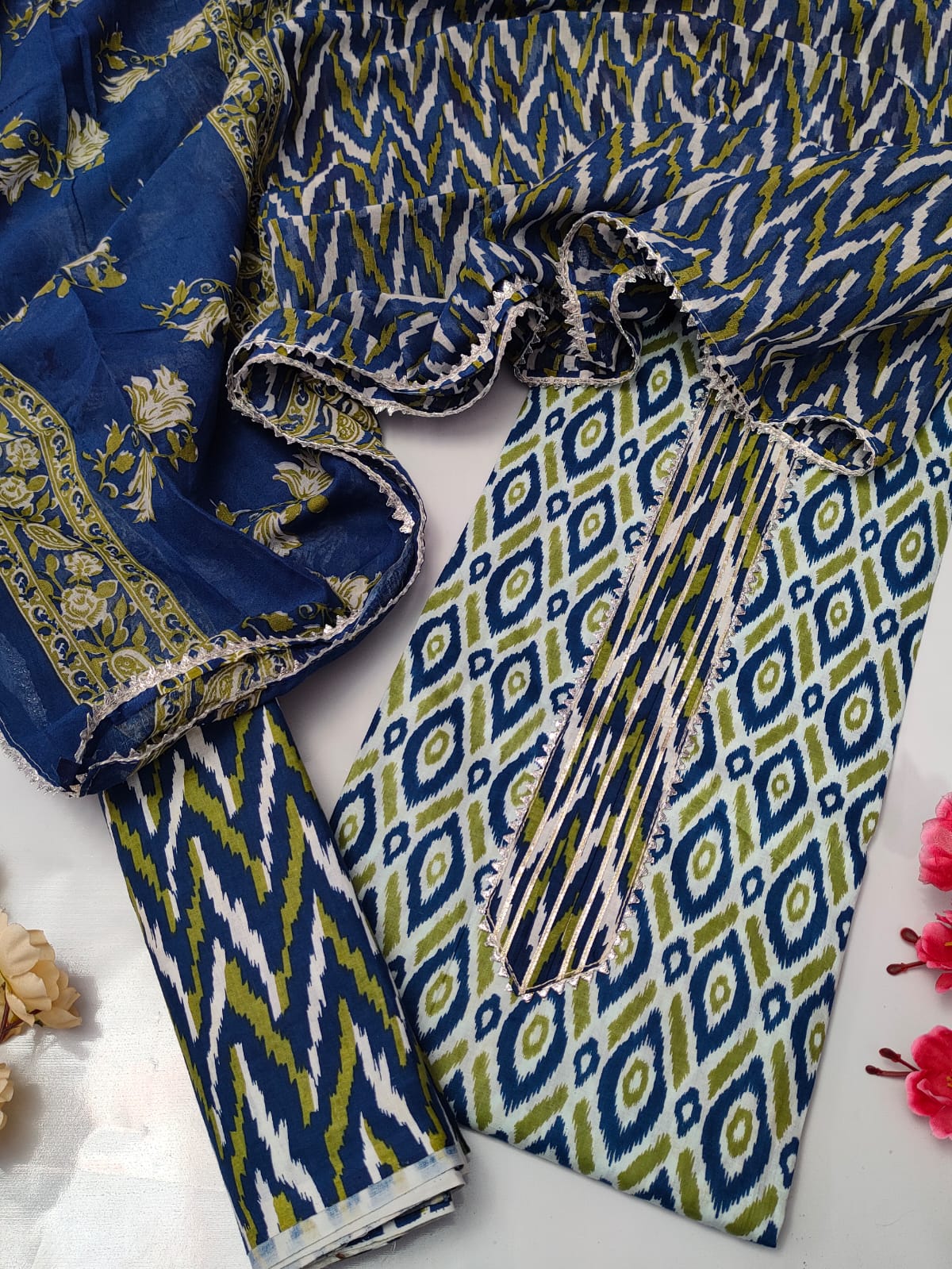 Tie Work Suit Set with Cotton Dupatta - TSPSMTWVJ44