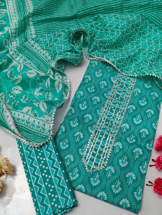 Tie Work Suit Set with Cotton Dupatta - TSPSMTWVJ45