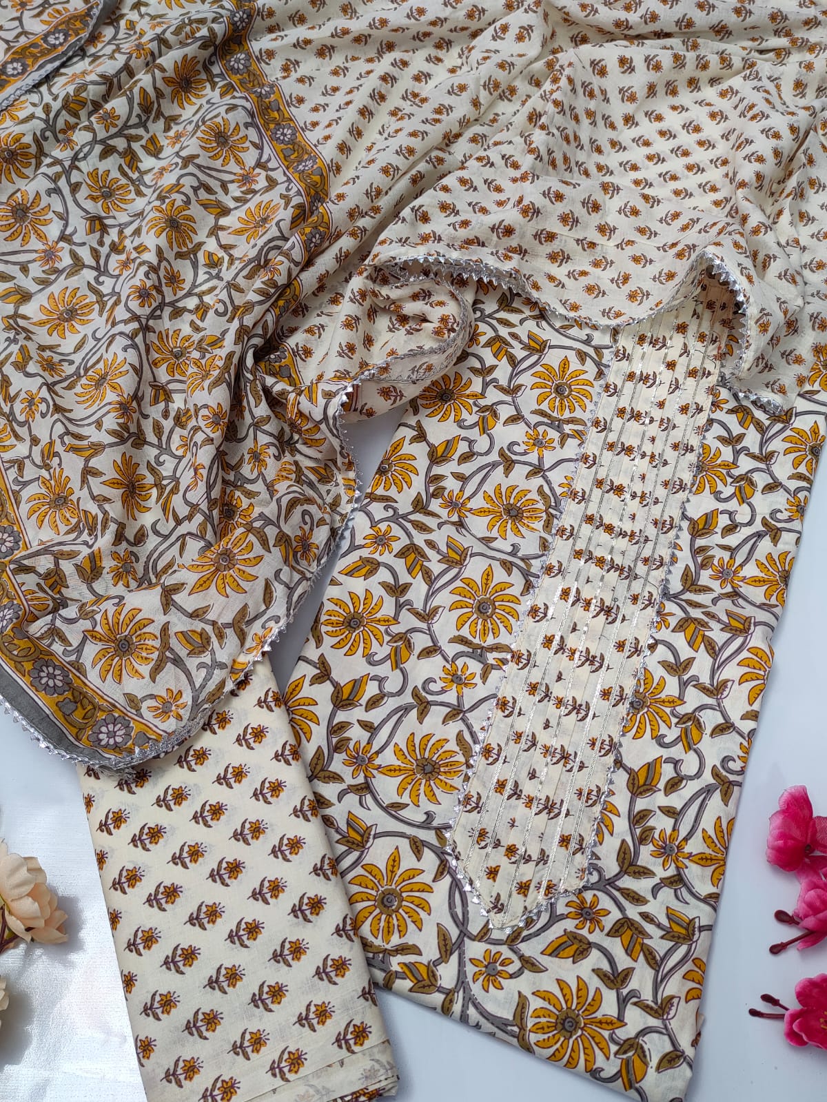 Tie Work Suit Set with Cotton Dupatta - TSPSMTWVJ49