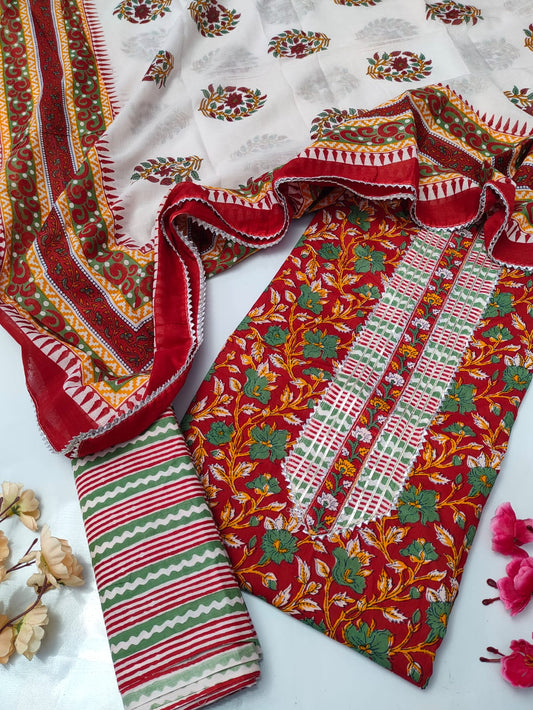 Tie Work Suit Set with Cotton Dupatta - TSPSMTWVJ4