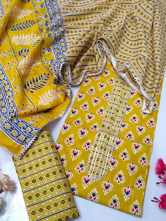 Tie Work Suit Set with Cotton Dupatta - TSPSMTWVJ52
