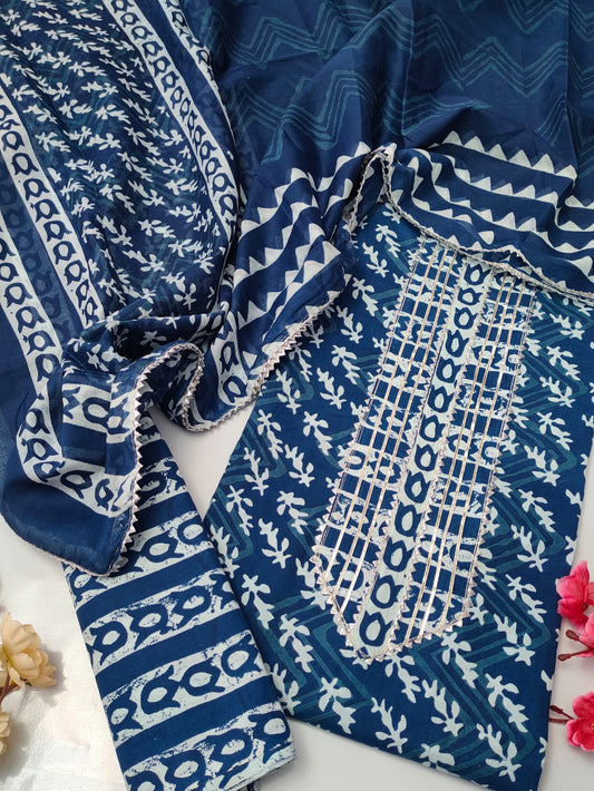 Tie Work Suit Set with Cotton Dupatta - TSPSMTWVJ56