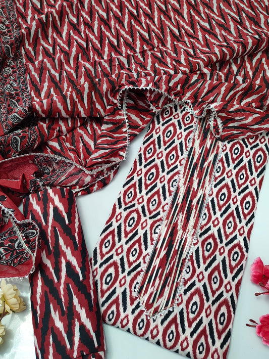 Tie Work Suit Set with Cotton Dupatta - TSPSMTWVJ59