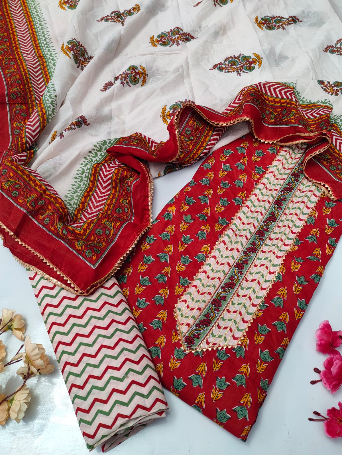 Tie Work Suit Set with Cotton Dupatta - TSPSMTWVJ5