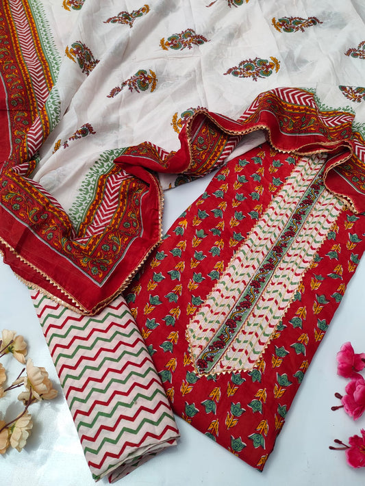 Tie Work Suit Set with Cotton Dupatta - TSPSMTWVJ5