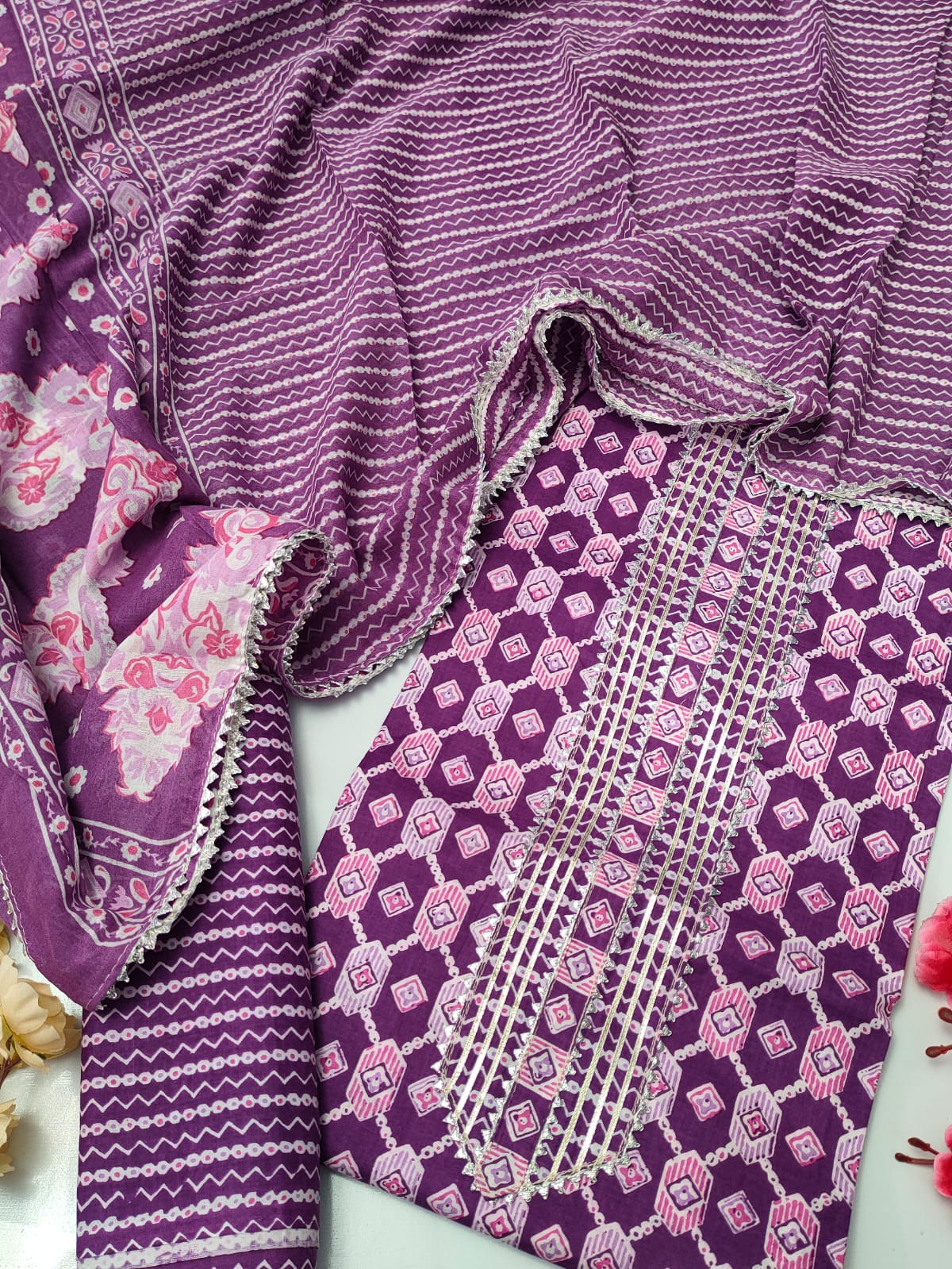 Tie Work Suit Set with Cotton Dupatta - TSPSMTWVJ62