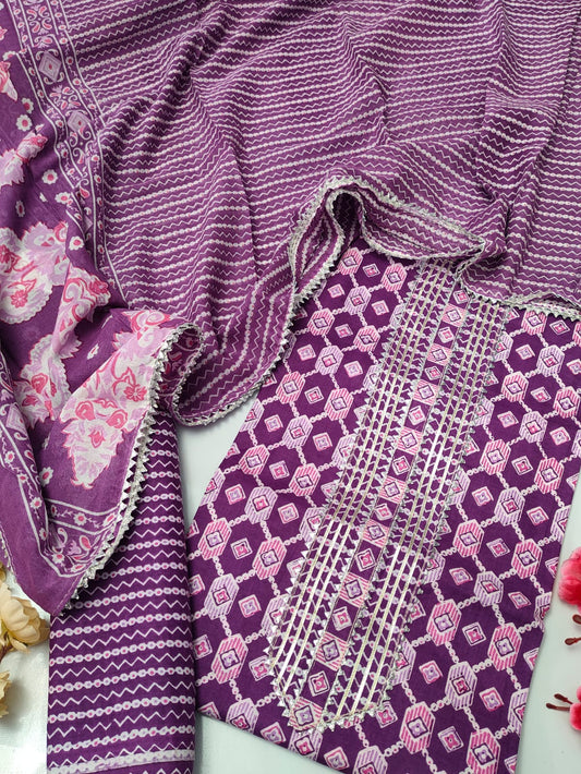 Tie Work Suit Set with Cotton Dupatta - TSPSMTWVJ62