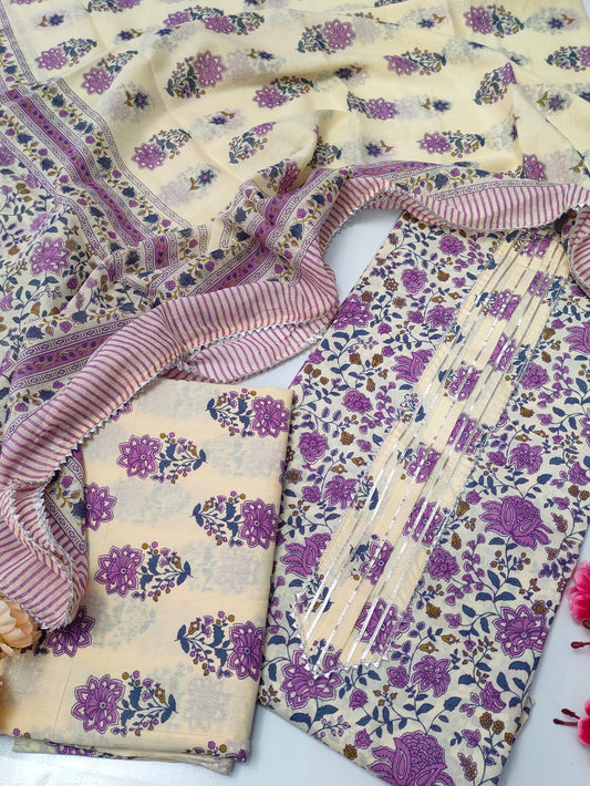 Tie Work Suit Set with Cotton Dupatta - TSPSMTWVJ63