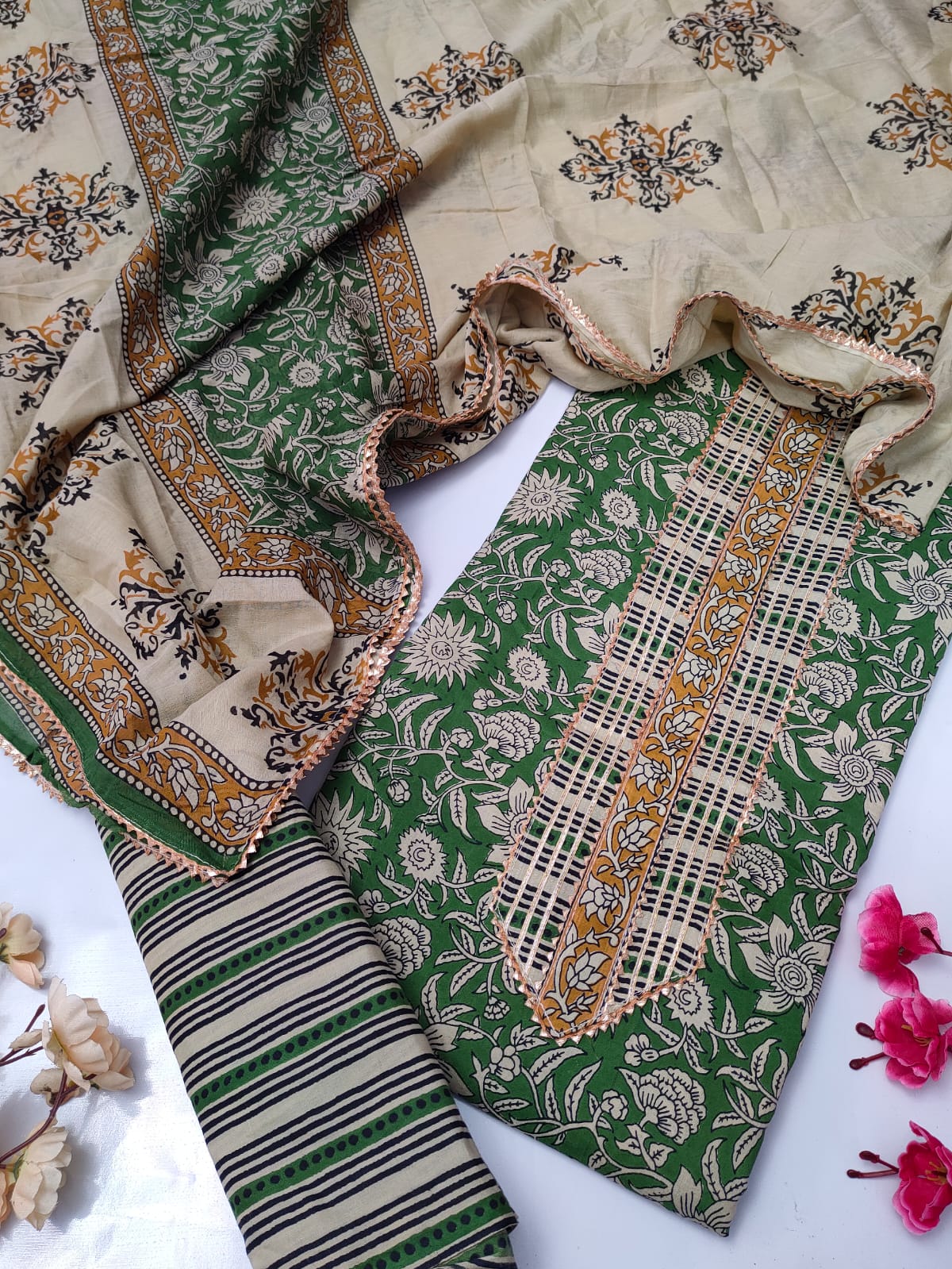 Tie Work Suit Set with Cotton Dupatta - TSPSMTWVJ9