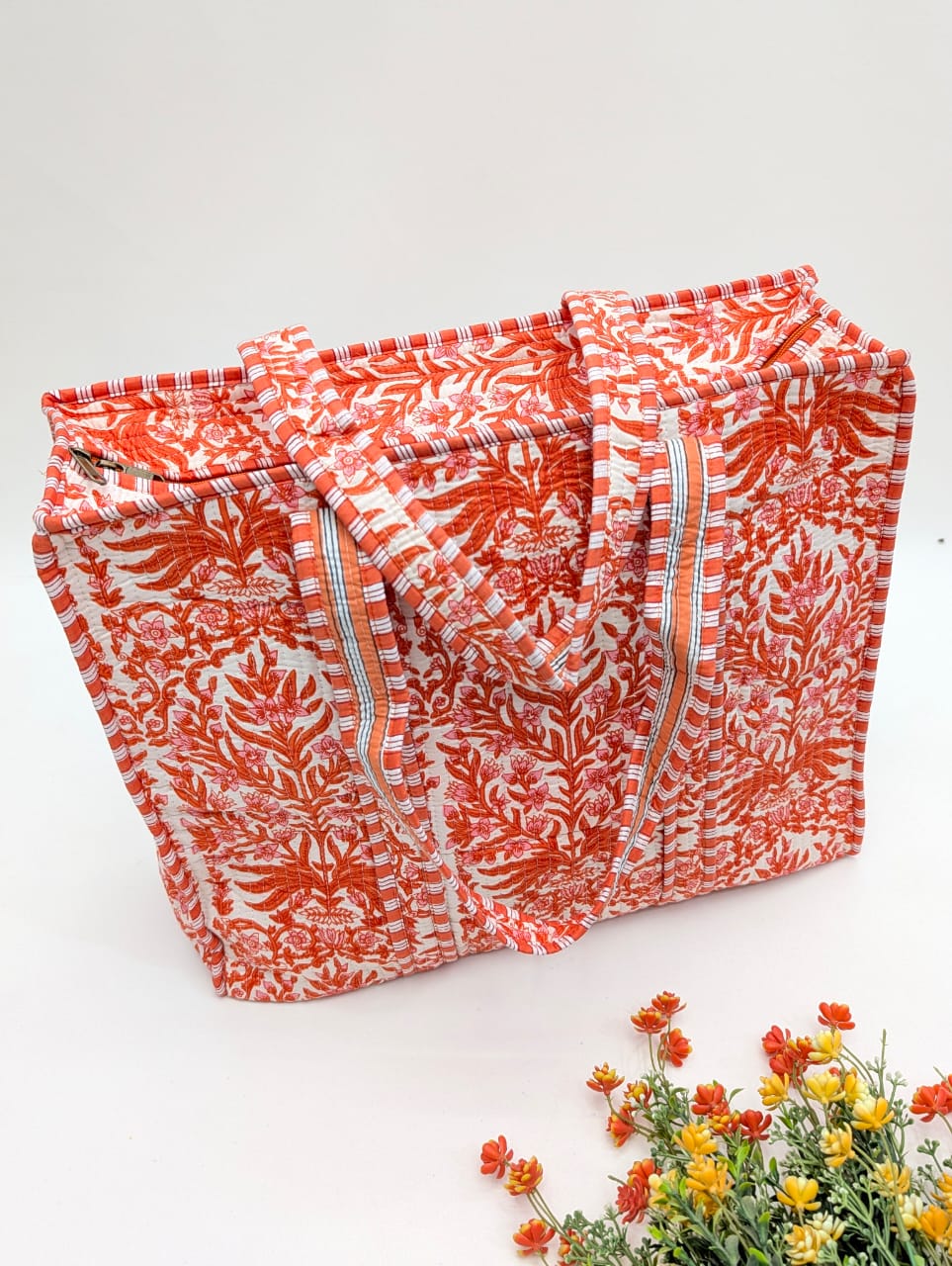Quilted Tote Bag with zipper - 17x18x 6 inches