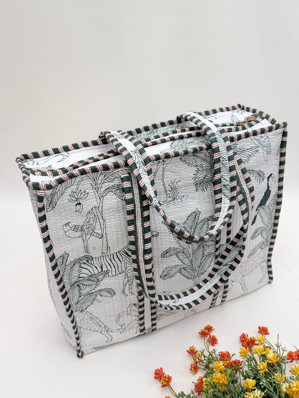 Quilted Tote Bag with zipper - 17x18x 6 inches