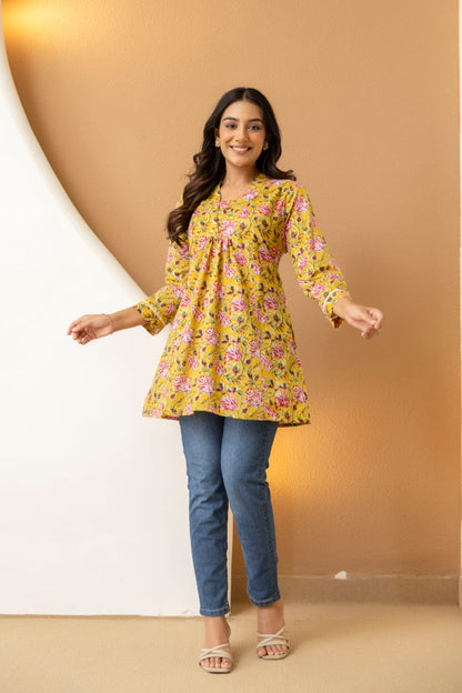 Yellow Floral Cotton Short Kurti for Women