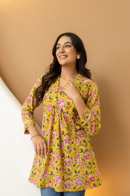 Yellow Floral Cotton Short Kurti for Women