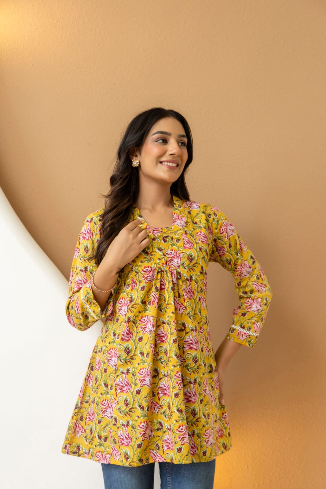 Yellow Floral Cotton Short Kurti for Women