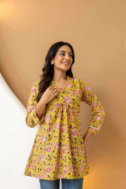 Yellow Floral Cotton Short Kurti for Women