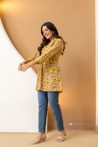 Yellow Floral Cotton Short Kurti for Women