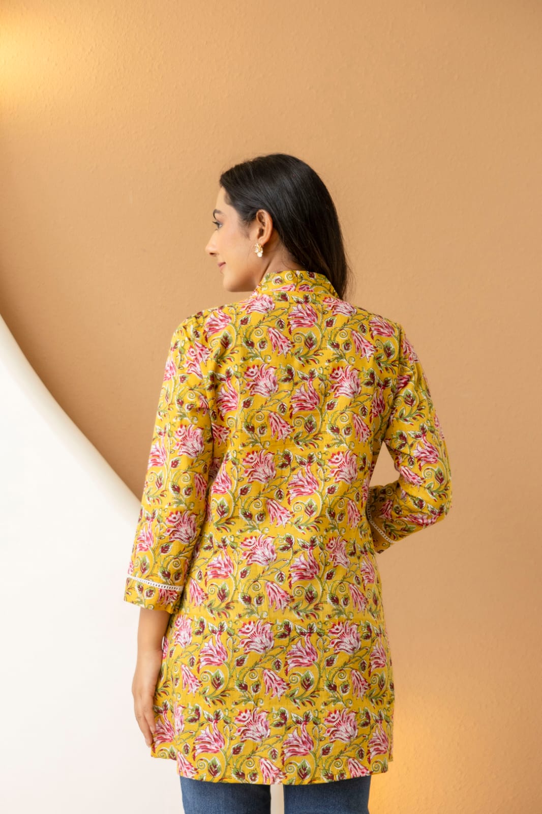 Yellow Floral Cotton Short Kurti for Women